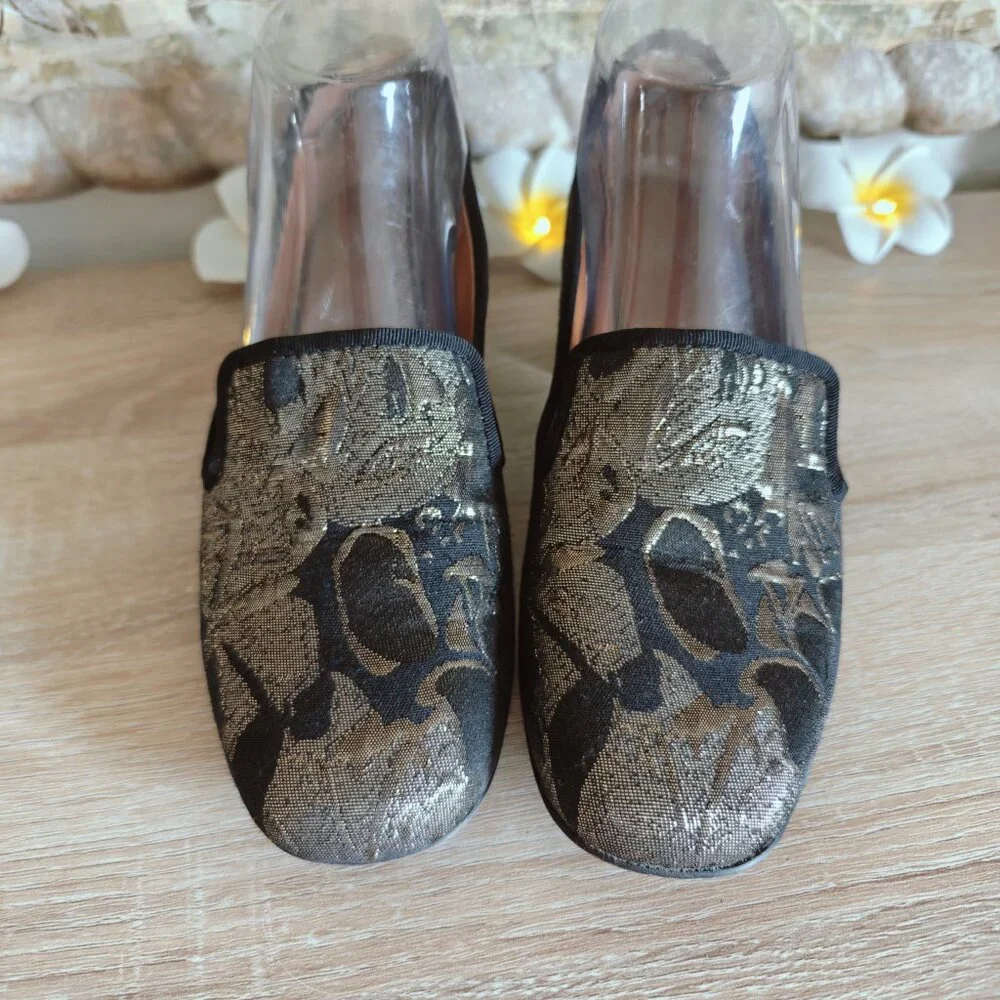 Franco Sarto Hettie Black & Metallic Gold Floral Brocade Block Heels 6.5